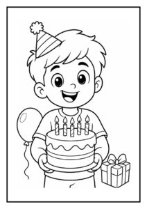 Kleurplaat van een vrolijk jongetje met een verjaardagsmuts dat een taart met vijf kaarsjes vasthoudt, met een ballon en een cadeau op de achtergrond.