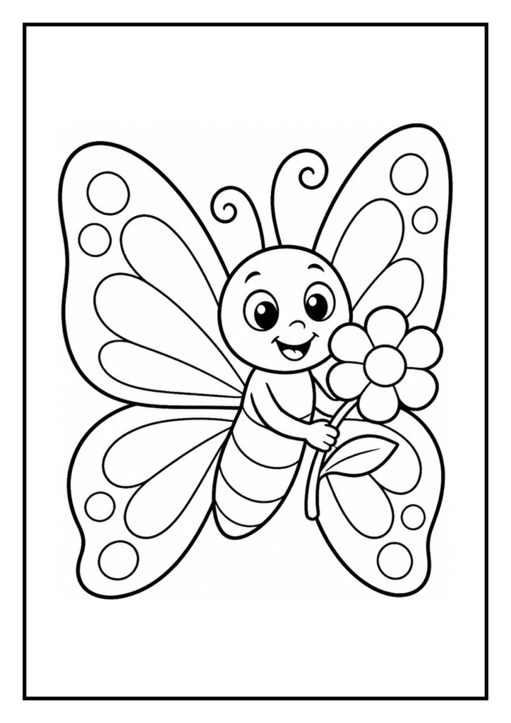 Vrolijke vlinder die een boog door een regenboog vliegt met een bloem in de buurt, kleurplaat voor kinderen