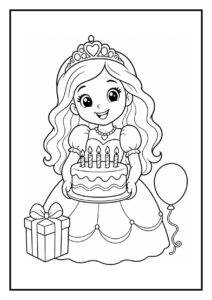 Kleurplaat van een vrolijke prinses met verjaardagstaart, cadeau en ballon