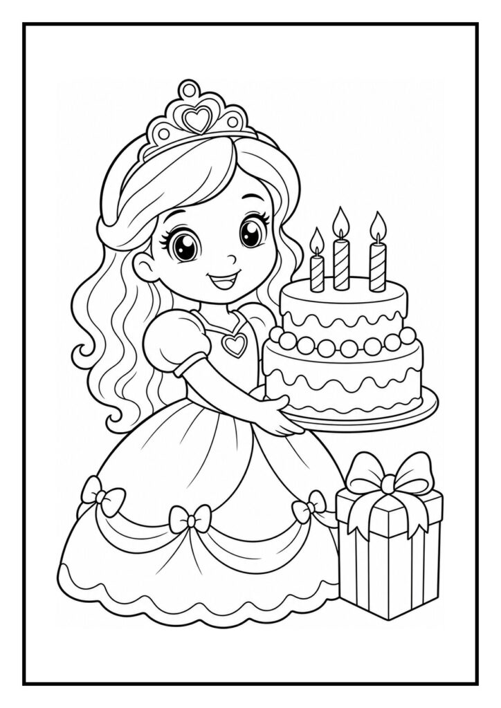 Kleurplaat van een meisje in een prinsessenjurk die een cadeautoren opent met een verjaardagstaart.