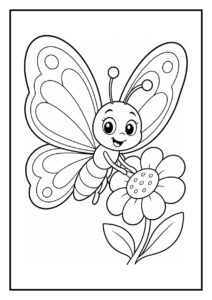 Schattige kleurplaat van een vrolijke vlinder die op een bloem zit in een tuin