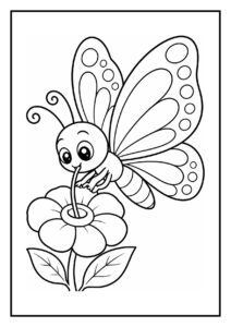 Kleurplaat van een schattige vlinder die nectar uit een bloem zuigt en meedanst met de wind