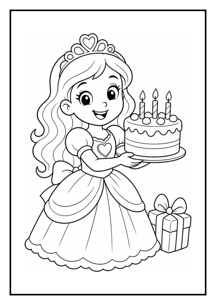 Kleurplaat van een vrolijke prinses die een verjaardagstaart met drie kaarsjes vasthoudt en een cadeau erbij