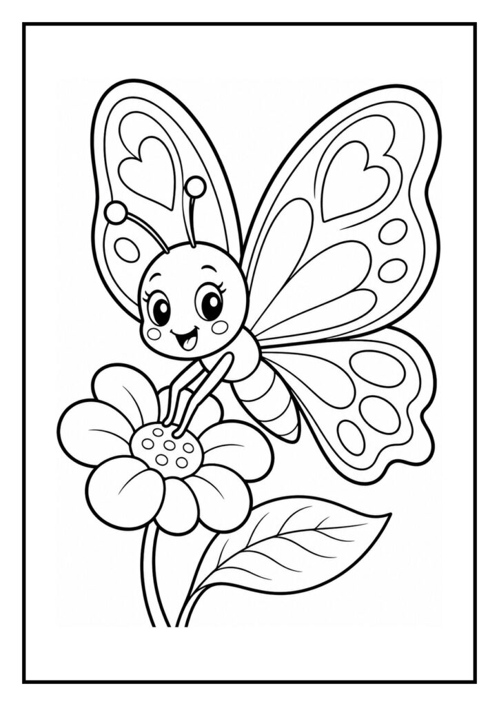 Schattige vrolijke vlinder op een stervormige bloem, kleurplaat voor kinderen