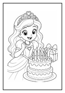 Kleurplaat van een vrolijke prinses die een verjaardagstaart met kaarsjes en ballonnen vasthoudt tijdens een feest