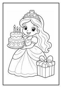 Kleurplaat van een meisje als prinses met een grote verjaardagsstrik en een verjaardagstaart omringd door cadeaus.