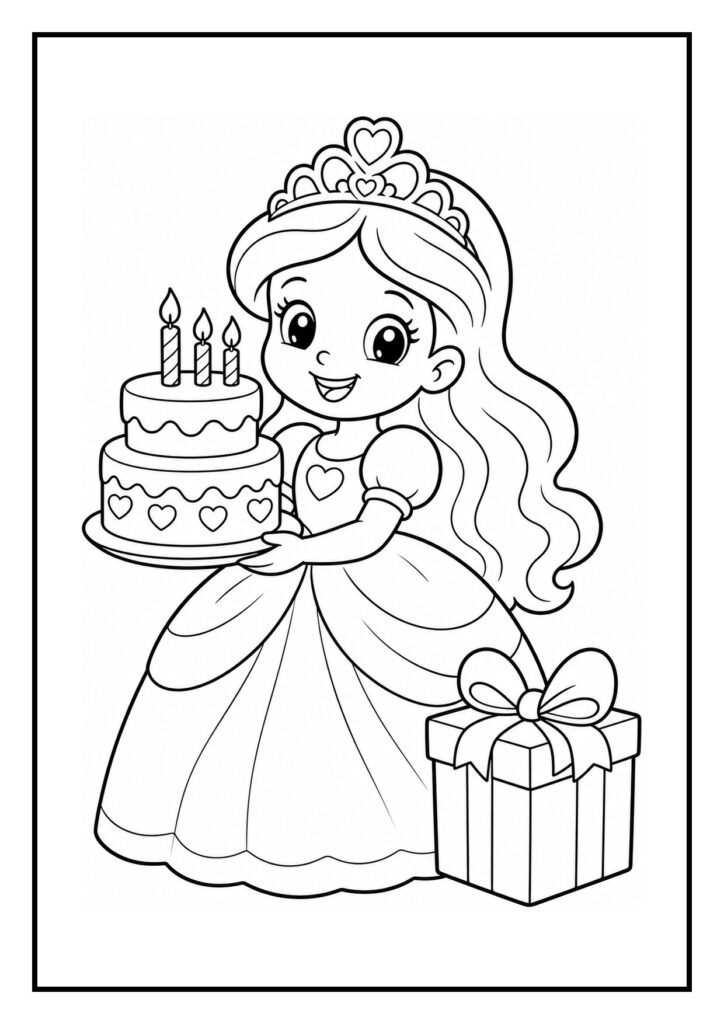 Kleurplaat van een meisje als prinses met een grote verjaardagsstrik en een verjaardagstaart omringd door cadeaus.