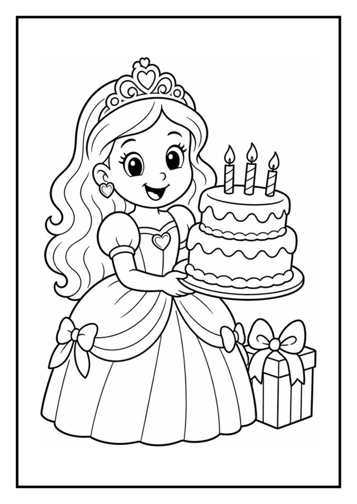Kleurplaat van een vrolijke prinses die een verjaardagstaart met drie kaarsjes vasthoudt en zwaait naar haar verjaardagsgasten met een cadeau naast zich.