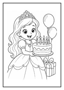 Kleurplaat van een meisje in prinsessenjurk die een verjaardagstaart met kaarsjes aansnijdt, omringd door ballonnen en een cadeau.