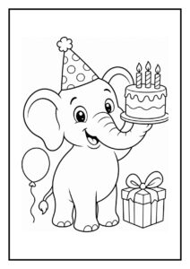 Schattige kleurplaat van een konijntje dat een cadeau uitpakt, naast een olifant met een verjaardagstaart en ballon in een feestelijke setting