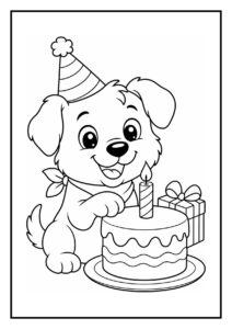 Schattige kleurplaat van een puppy die een verjaardagsballon draagt bij een verjaardagstaart met kaarsje en cadeau.