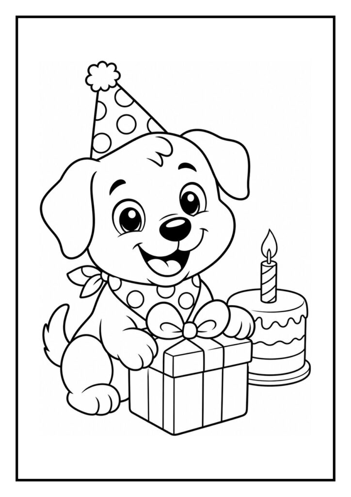 Kleurplaat van een vrolijk hondje met een feesthoedje, een cadeau en een verjaardagstaart met een kaars.
