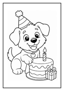 Leuke kleurplaat van een vrolijke puppy met een verjaardagsmuts naast een taart met kaarsje en cadeau