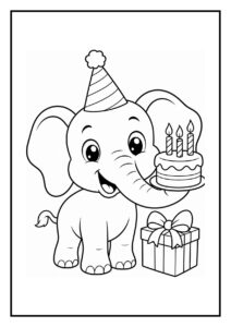 Kleurplaat van een schattige olifant met feestmuts die een verjaardagstaart vasthoudt en confetti laat regenen naast een cadeau