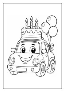 Vrolijke kleurplaat van een schattige auto met een verjaardagstaart op het dak en drie ballonnen aan de achterkant.