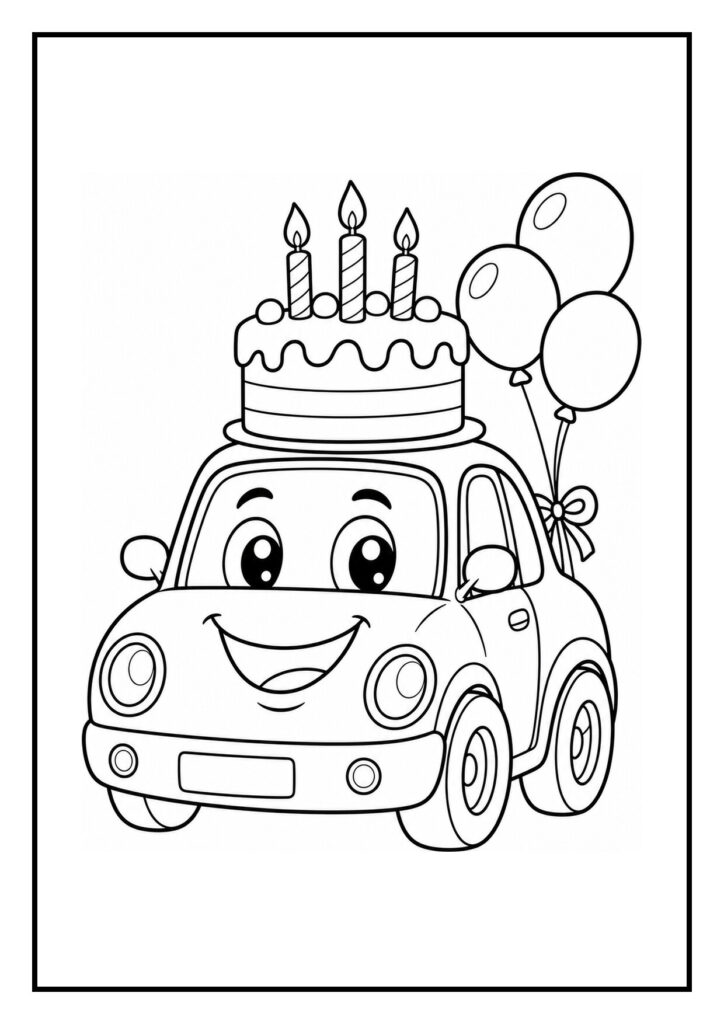 Vrolijke kleurplaat van een schattige auto met een verjaardagstaart op het dak en drie ballonnen aan de achterkant.