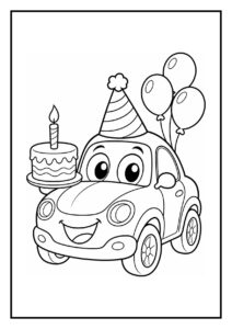 Kleurplaat van een vrolijke auto met feesthoedje, drie ballonnen en een verjaardagstaart met vijf kaarsen