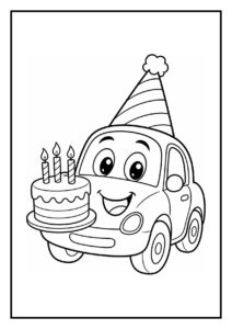Kleurplaat van een vrolijke auto met een verjaardagstaart en feestmuts, met ballonnen in de kofferbak
