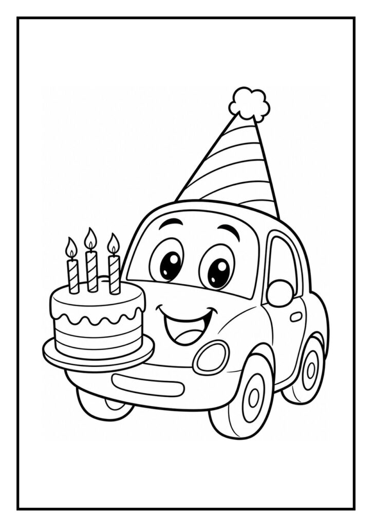 Kleurplaat van een vrolijke auto met een verjaardagstaart en feestmuts, met ballonnen in de kofferbak