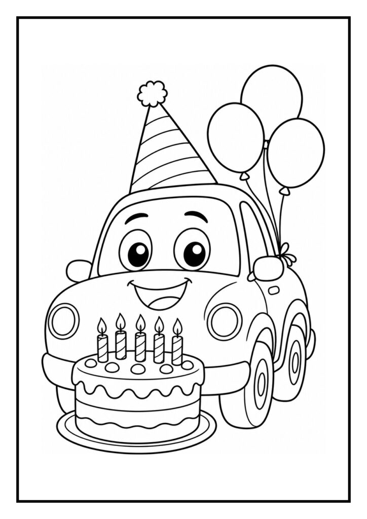 Kleurplaat van een vrolijke auto met een verjaardagshoed, ballonnen en een verjaardagstaart met kaarsen die worden uitgeblazen.