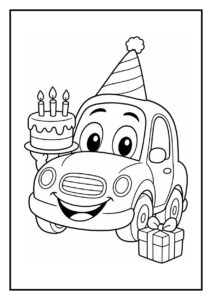 Kleurplaat van een vrolijke auto met een verjaardagshoed en een taart met kaarsjes en een cadeau