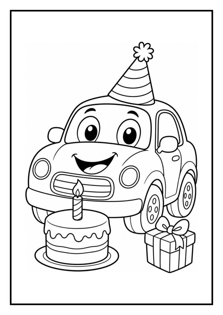 Kleurplaat van een vrolijke auto met feestmuts, verjaardagstaart en cadeau onderweg naar een verjaardagsfeest.