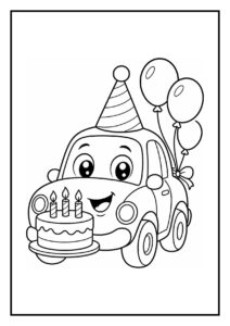Kleurplaat van een vrolijke auto met een feestmuts, drie ballonnen en een verjaardagstaart met drie kaarsjes.