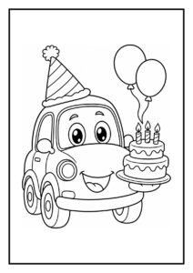 Kleurplaat van een vrolijke auto met een feestmuts die een verjaardagstaart vasthoudt, omringd door ballonnen.