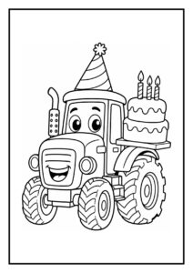 Kleurplaat van een tractor met een verjaardagsmuts en een grote cadeaubox met taart en kaarsjes.
