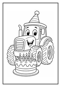 Kleurplaat van een vrolijke tractor met een feesthoed en een verjaardagstaart met kaarsen tijdens een parade.