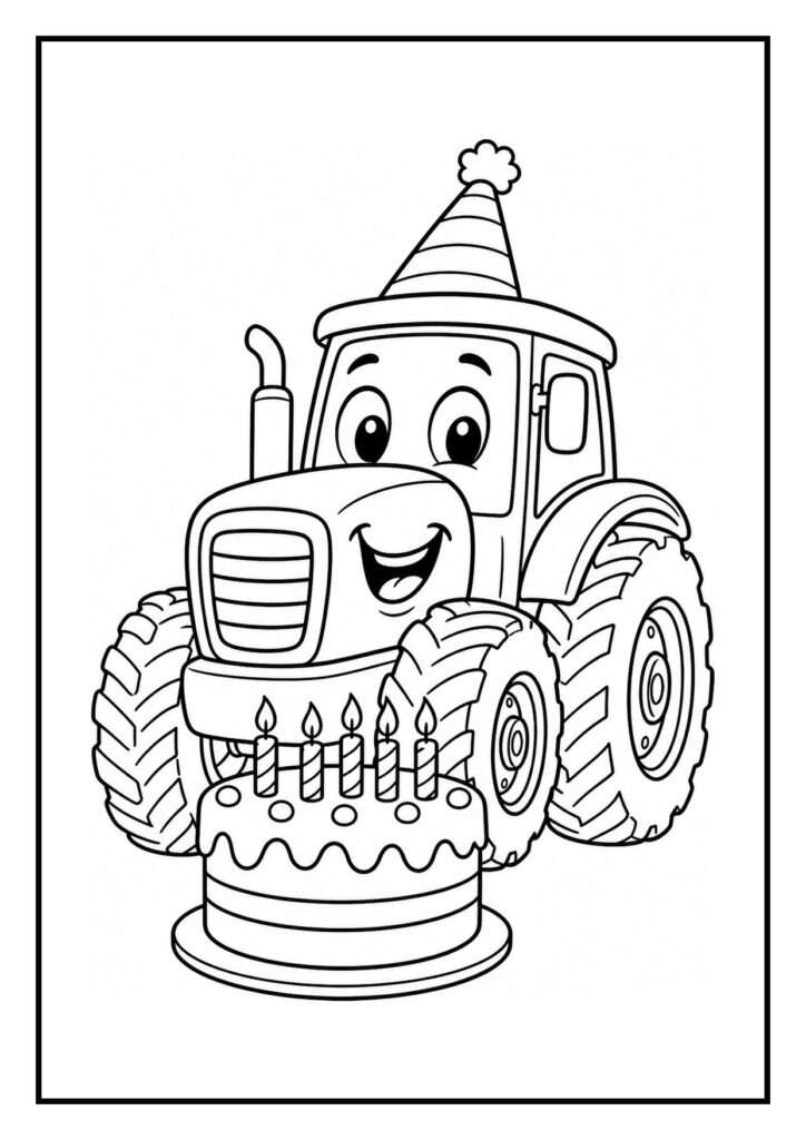 Kleurplaat van een vrolijke tractor met een feesthoed en een verjaardagstaart met kaarsen tijdens een parade.