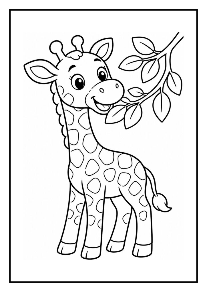 Leuke en vrolijke kleurplaat van een schattige giraffe die een lage tak naar zich toe trekt en blaadjes eet