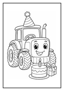 Kleurplaat van een vrolijke tractor met een verjaardagsmuts, een stapel verjaardagsballonnen, taart met kaars en cadeau