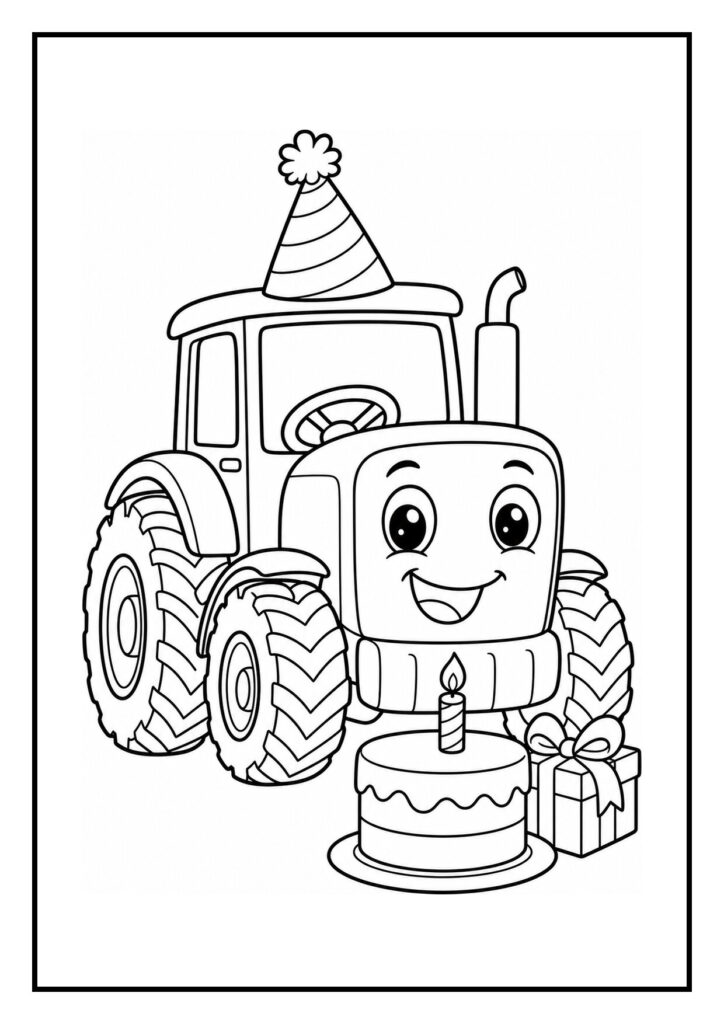 Kleurplaat van een vrolijke tractor met een verjaardagsmuts, een stapel verjaardagsballonnen, taart met kaars en cadeau