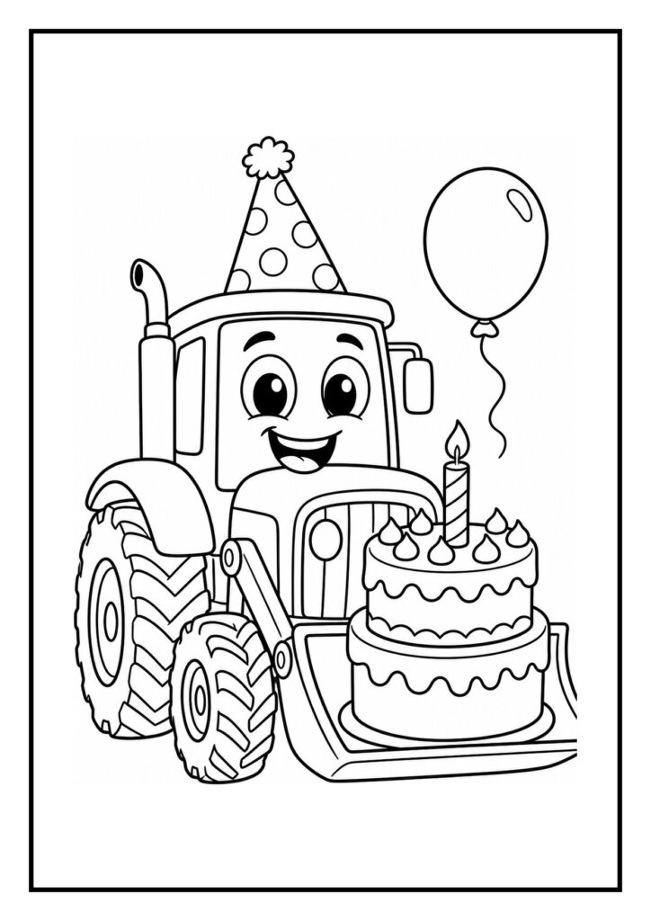 Kleurplaat van een vrolijke tractor met een verjaardagsmuts, een taart en een ballon.