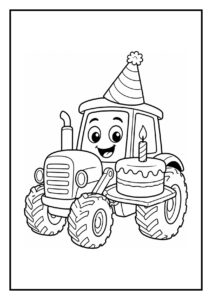 Kleurplaat van een schattige tractor met een feesthoed en een verjaardagstaart met kaars