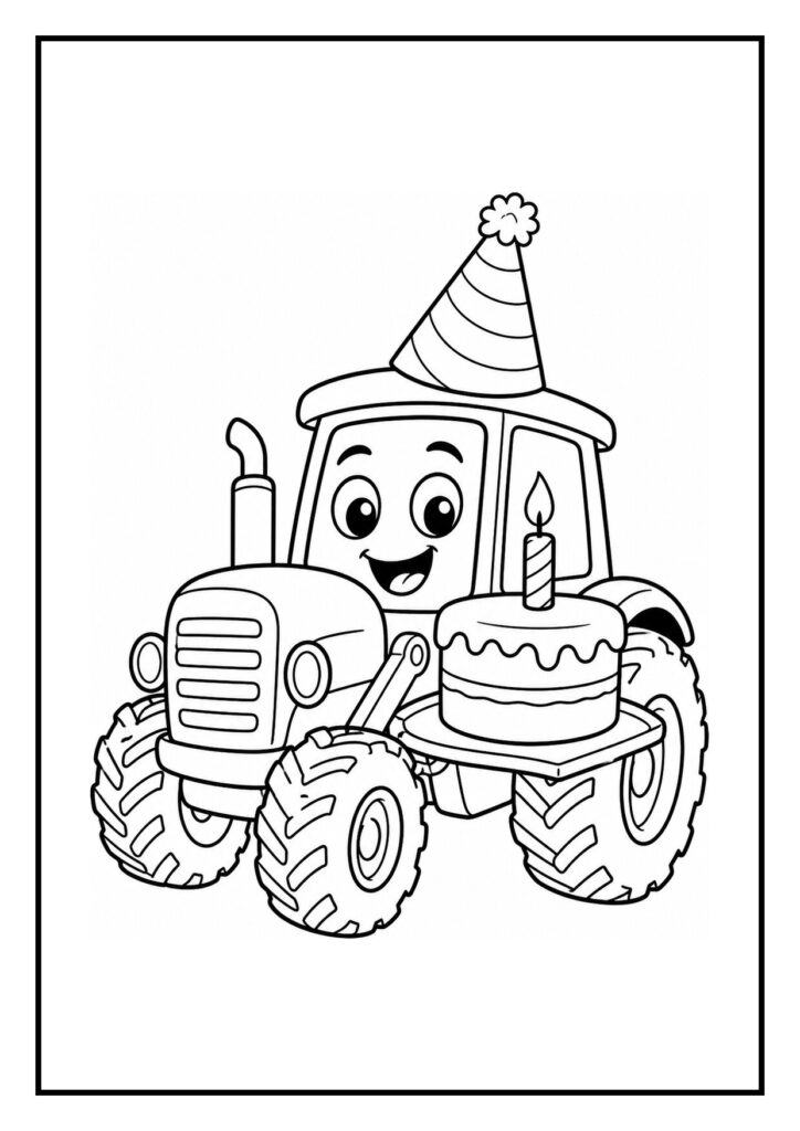 Kleurplaat van een schattige tractor met een feesthoed en een verjaardagstaart met kaars