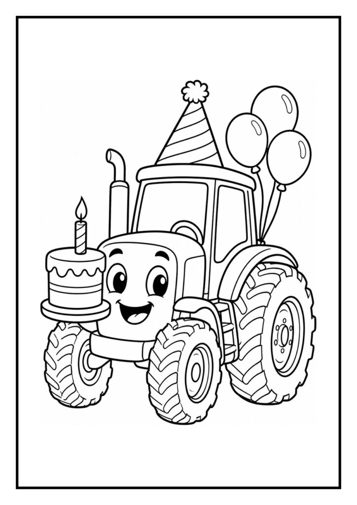 Kleurplaat van een vrolijke tractor met een verjaardagsmuts, ballonnen en een taart met een brandende kaars.