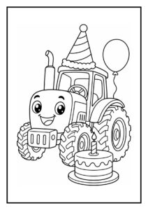 Kleurplaat van een vrolijke tractor met verjaardagshoed, ballon en verjaardagstaart met kaars