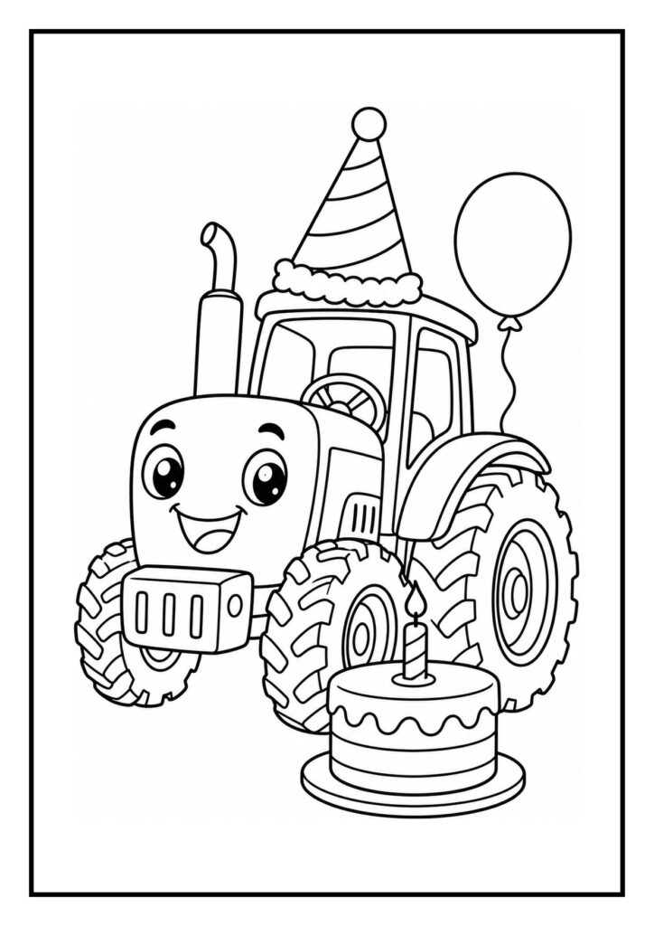 Kleurplaat van een vrolijke tractor met verjaardagshoed, ballon en verjaardagstaart met kaars