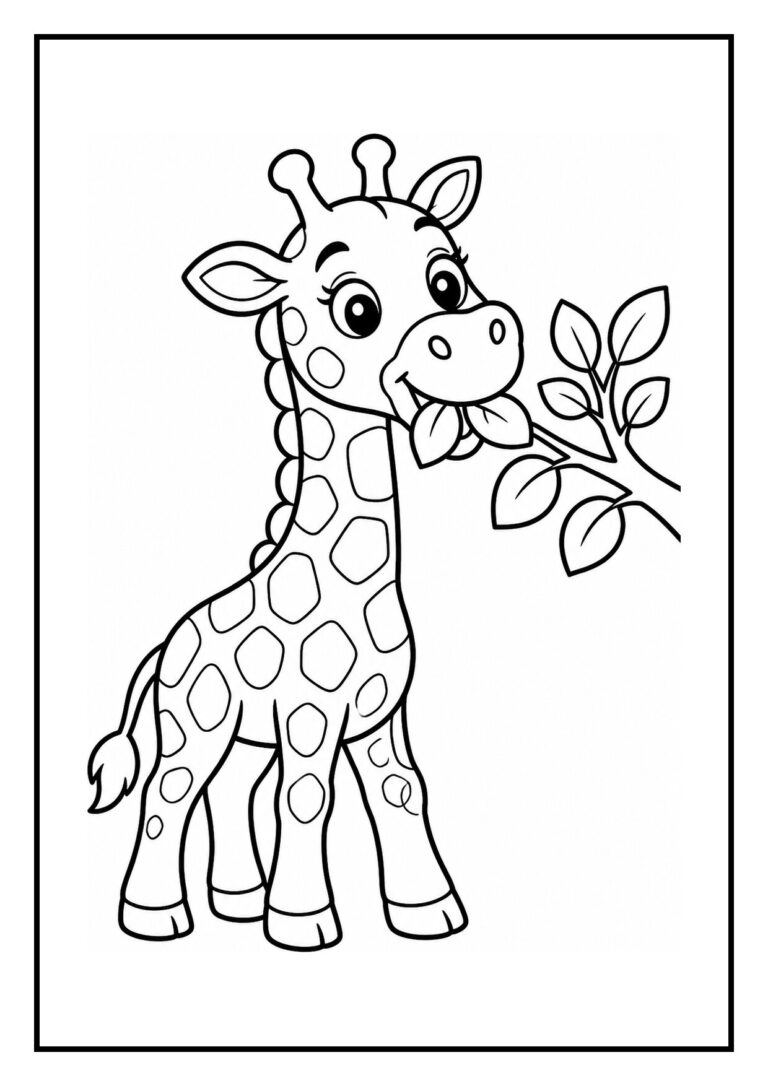Kleurplaat van een schattige giraffe die blaadjes eet van een tak in een jungle setting, geschikt voor jonge kinderen.