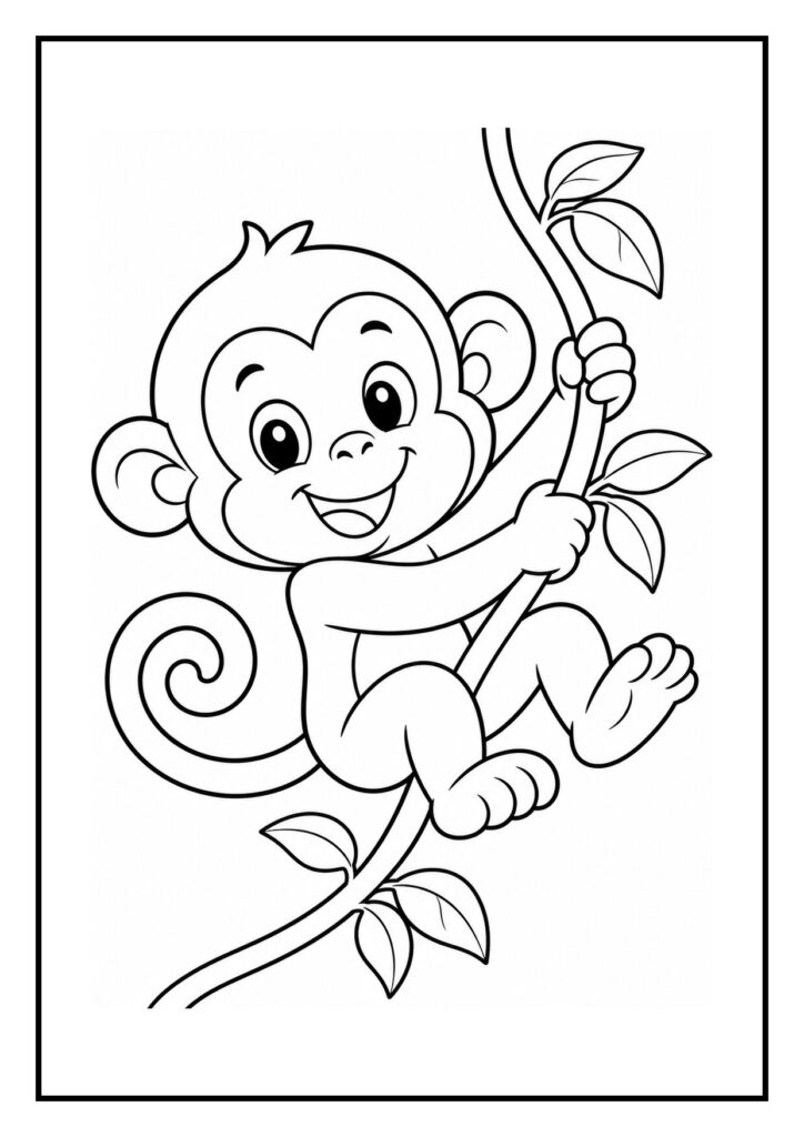 Kleurplaat van een vrolijke, schattige aap die aan een tak hangt in de jungle