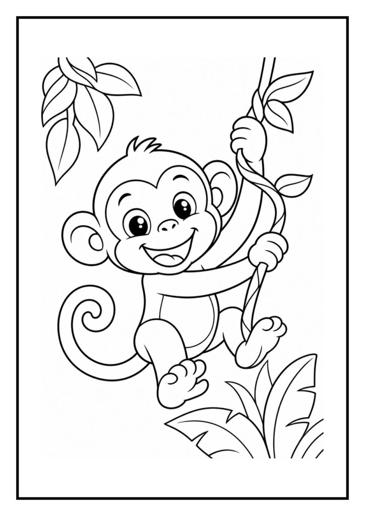 Vrolijke speelse aap die aan een liaan in de jungle hangt met een grappige smulgrijns