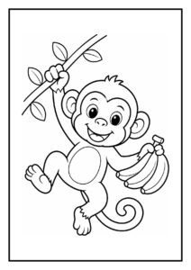 Leuke kleurplaat van een vrolijke aap die aan een liaan touwtrekt in de jungle met een tros bananen in de hand