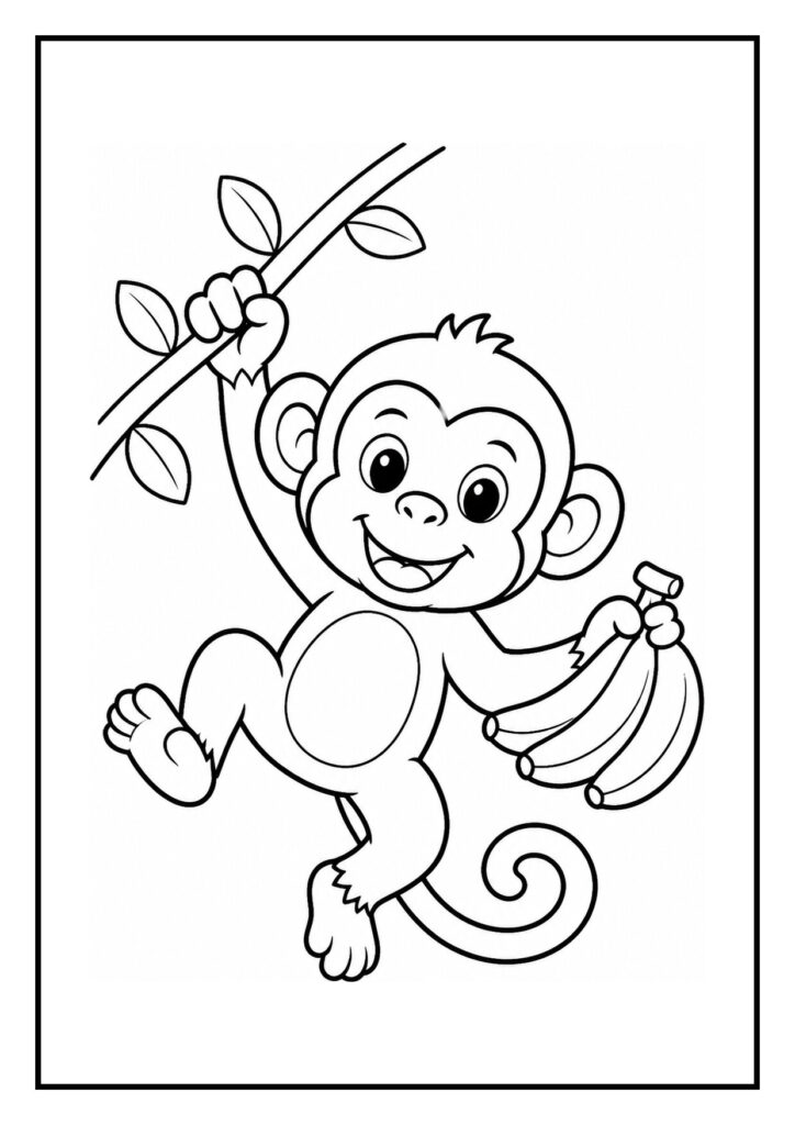 Leuke kleurplaat van een vrolijke aap die aan een liaan touwtrekt in de jungle met een tros bananen in de hand