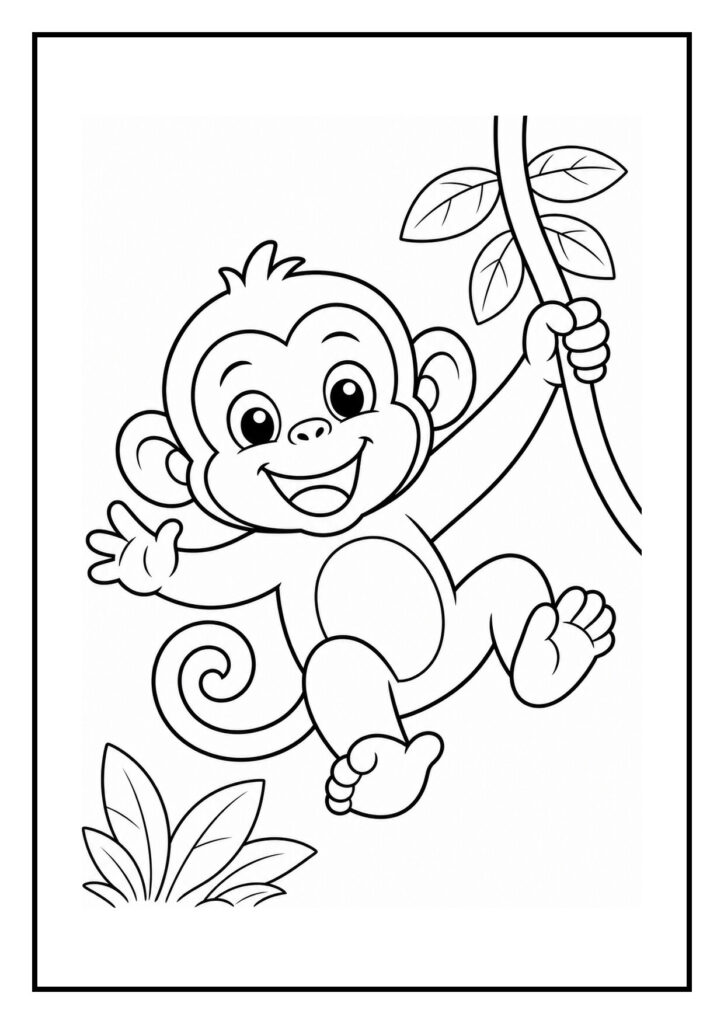 Vrolijke aap die aan een liaan slingert en een bananenstapel bouwt in de jungle kleurplaat
