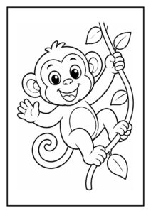 Leuke kleurplaat van een vrolijke aap die aan een liaan slingert in de jungle.