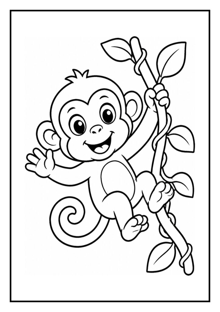Leuke kleurplaat van een vrolijke schattige aap die een banaan vasthoudt terwijl hij in een tak van een jungleboom hangt.