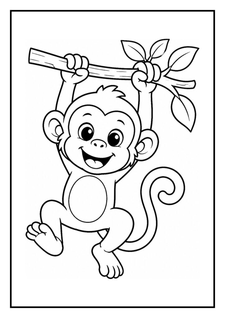Vrolijke kleurplaat van een schattige aap die met beide handen aan een tak hangt in de jungle