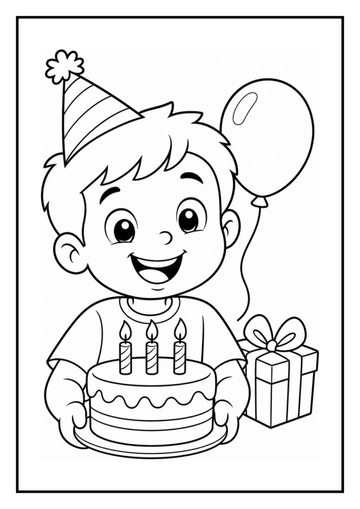 Kleurplaat van een lachende jongen met feestmuts die een verjaardagstaart met drie kaarsjes vasthoudt, met ballon en cadeau op de achtergrond.